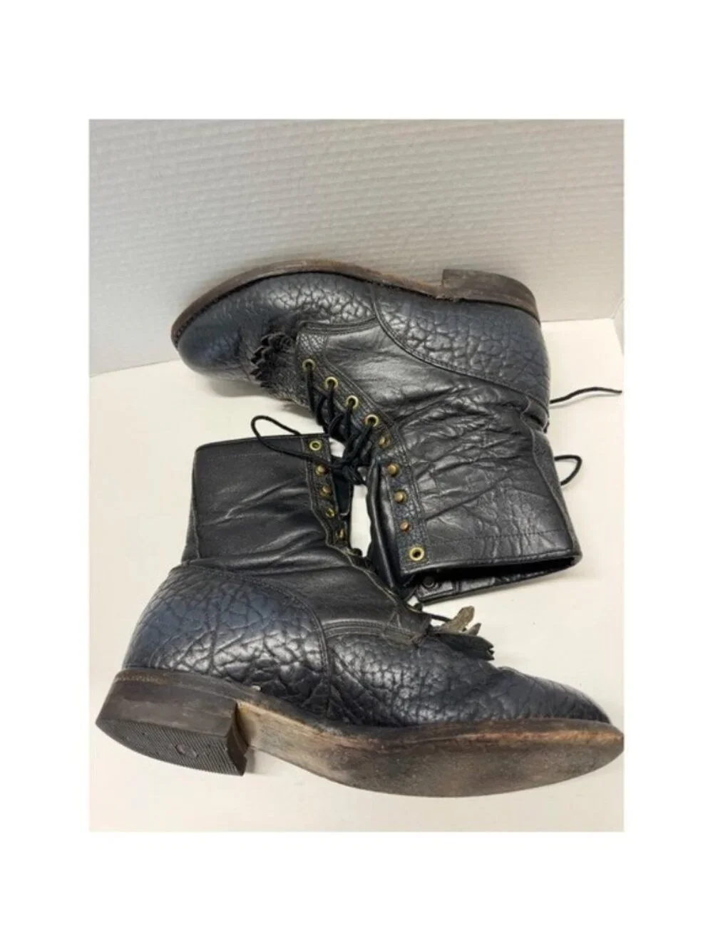 Justin Vintage Black Pebble Comb Leather Lace Up Packer Boots Mens 8.5 E USA - Picture 7 of 13